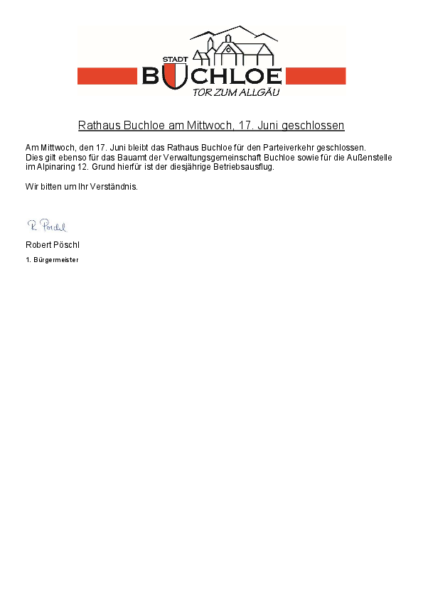 Geschäftsstelle der VG und Rathaus Buchloe am 17.06.2026 geschlossen