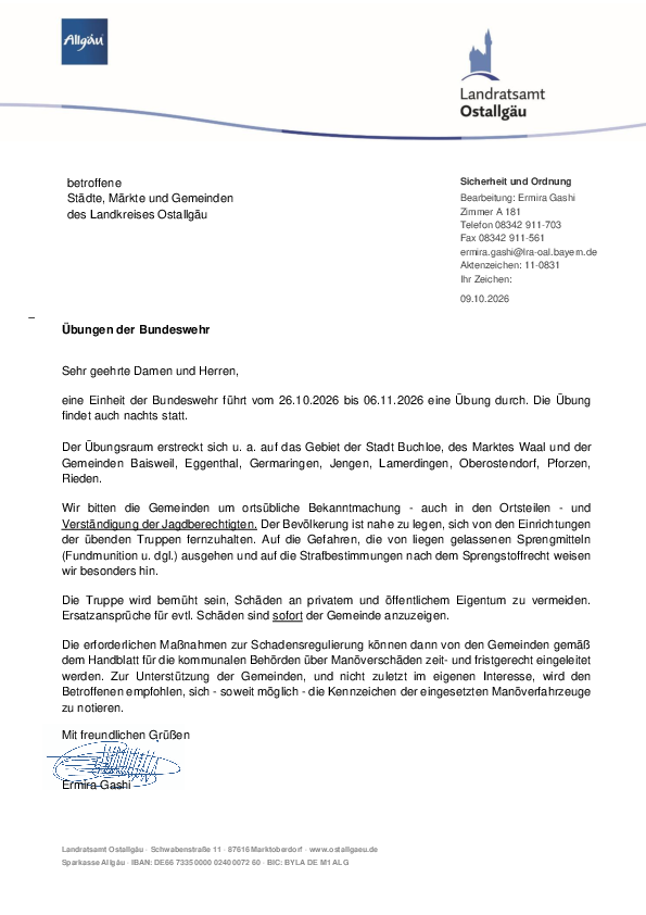 Übung der Bundeswehr 26.10.2026 bis 06.11.2026